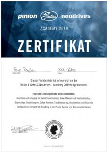 Pinion - Gates - Neodrives Academy 2019 - Zertifikat Frank Raußen