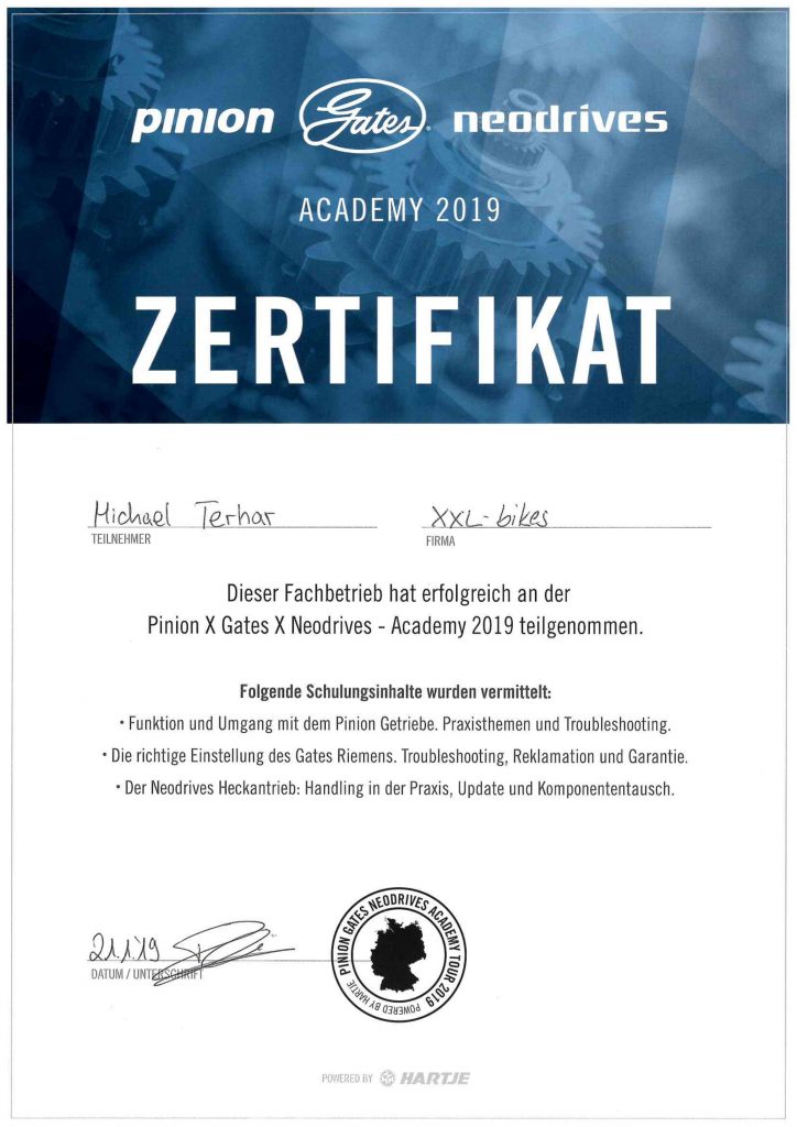 Pinion - Gates - Neodrives Academy 2019 - Zertifikat Michael Terhar